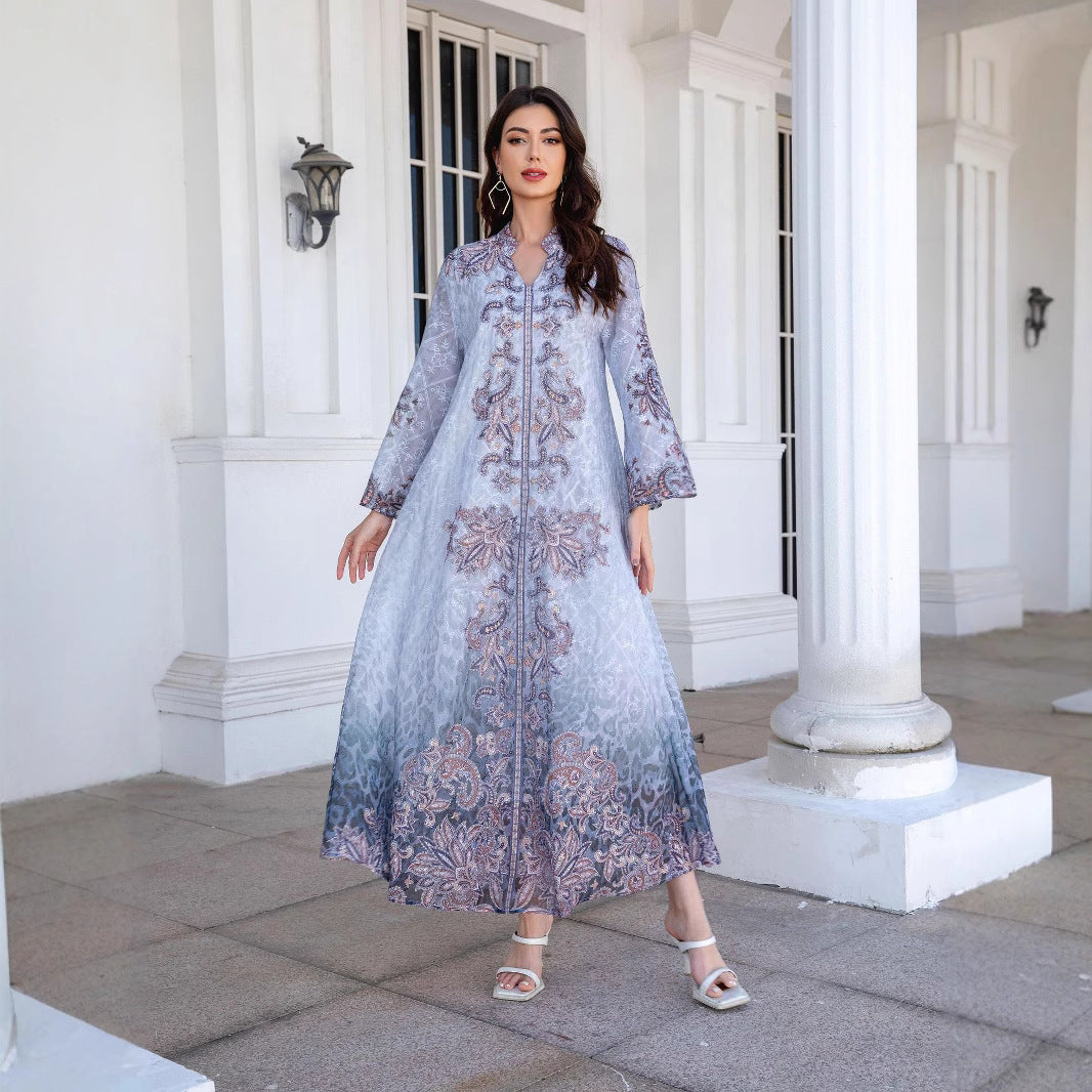 Elegant Embroidered Floral Kaftan Maxi Dress with Rhinestones | Long Sleeve High-End Abaya & Long Dress Secondary image