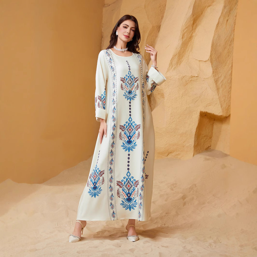 Elegant Floral Printed Maxi Kaftan Dress - White Long Sleeve Abaya Dress Secondary image