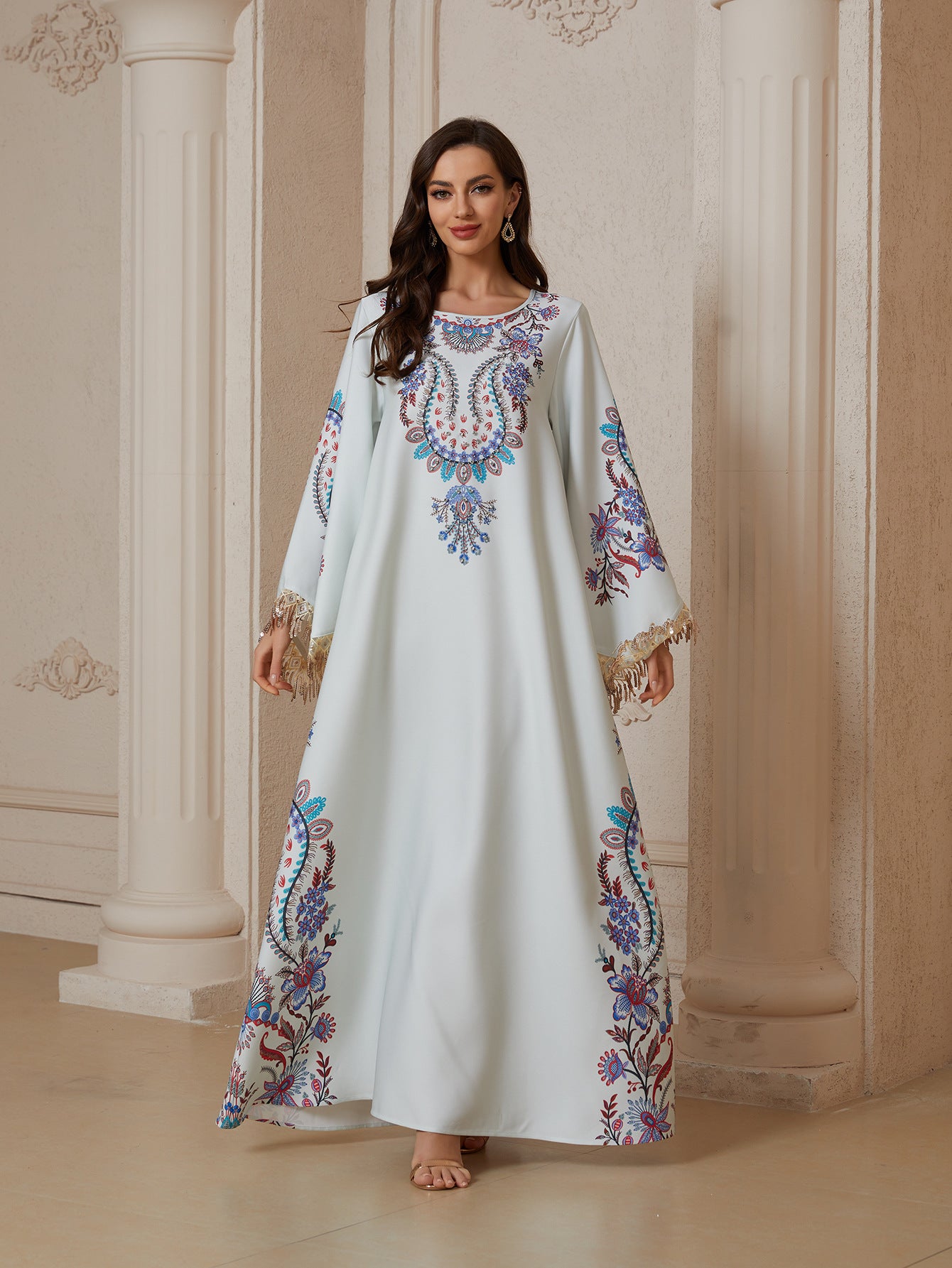 Luxury Floral Print Kaftan Maxi Dress - Rhinestone Bell Sleeve Abaya Gown with Tassels Secondary image