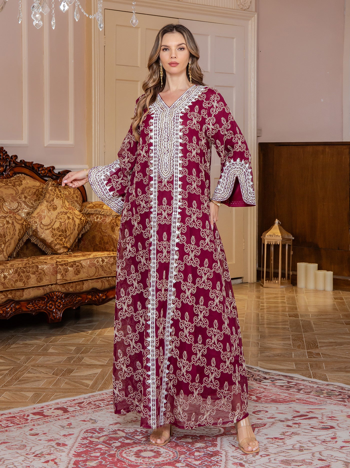 Elegant Embroidered A-Line Maxi Dress – Vintage Long Sleeve Flowing Evening Gown Secondary image