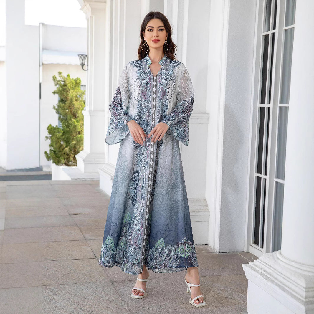 Elegant Embroidered Long Kaftan Dress with Rhinestone Accents – Vintage Print Maxi Dress Secondary image