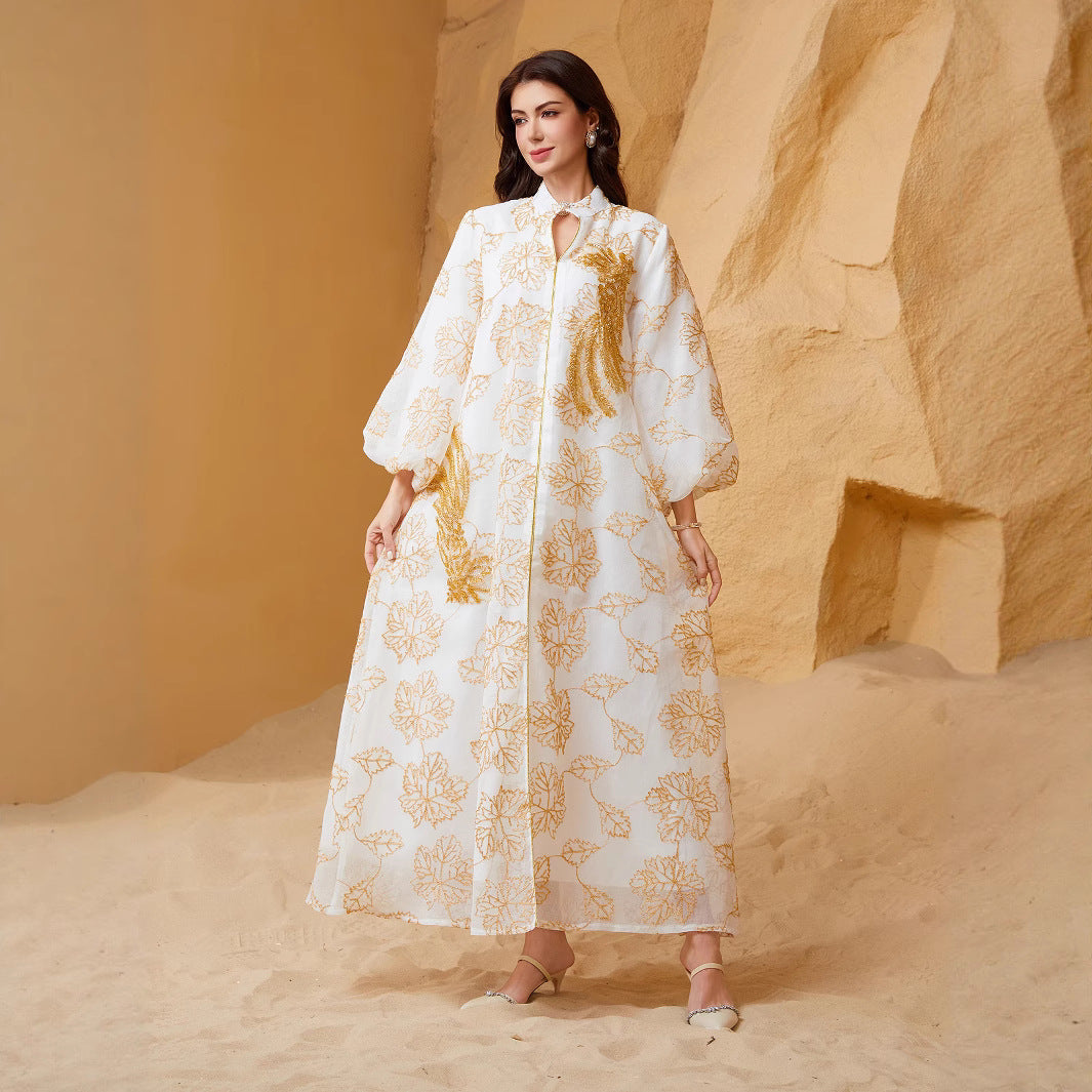 Elegant Embroidered Sequin Evening Gown – Dorris Yarn Puff Sleeve Jalabia Maxi Dress Secondary image