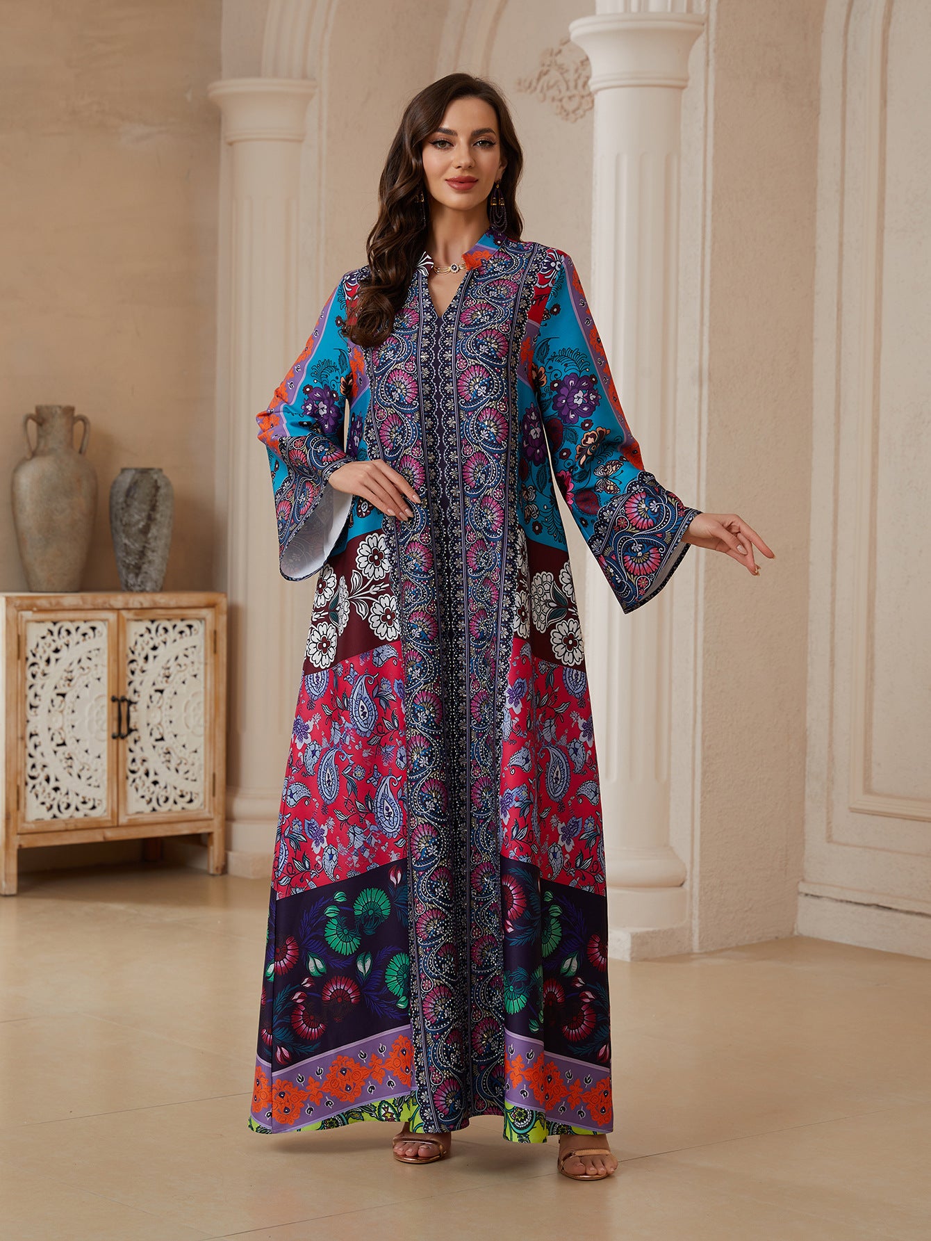 Elegant Rhinestone Floral Print Kaftan Dress – Modest Long Sleeve Maxi Gown Secondary image