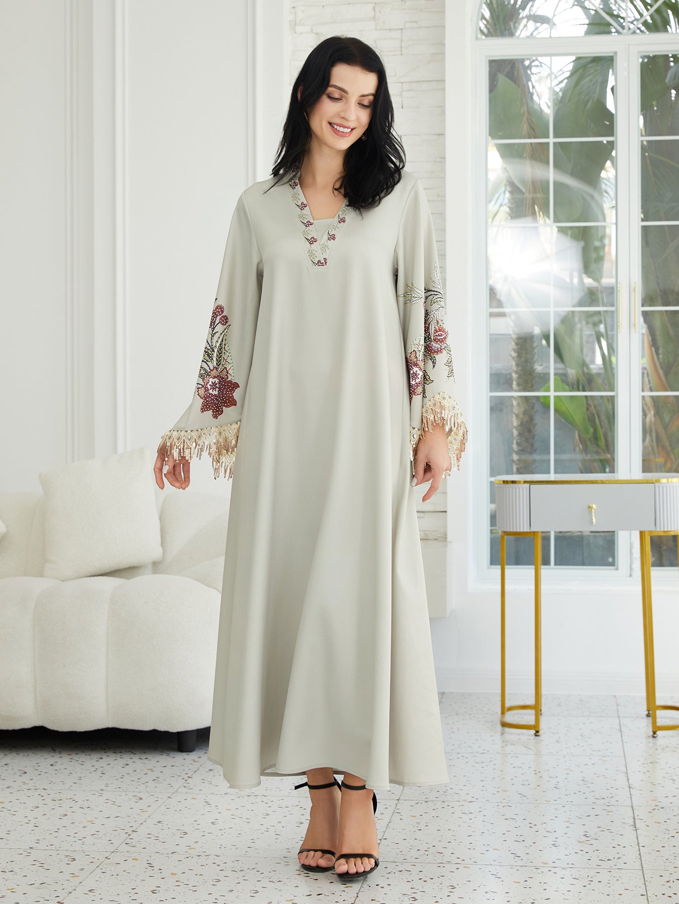 Elegant V-Neck Printed Kaftan Maxi Dress - Grey-Green Long Sleeve Abaya Gown with Tassels Secondary image